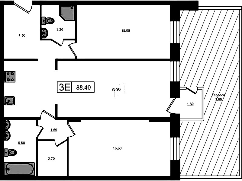 2-комнатная квартира 88.4 м², 1/3 эт., ЖК «VEREN Village Стрельна»